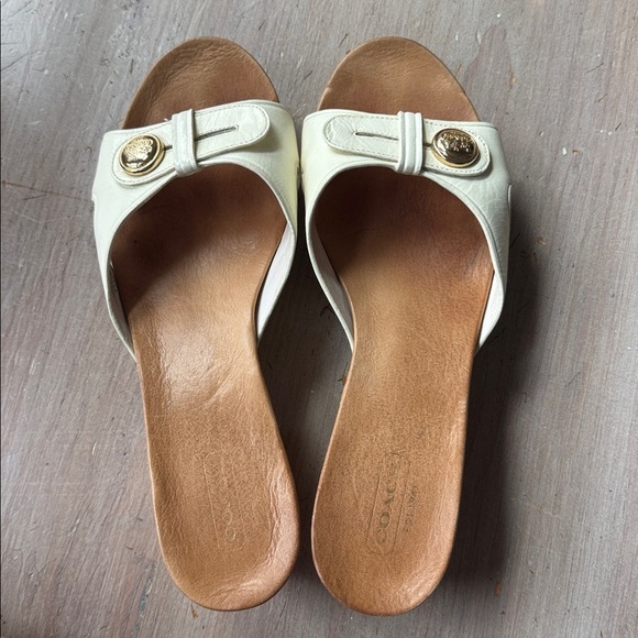 Women’s Coach Lee Crinkle White Patent Wood Clog Sandals Size 7 - Picture 3 of 11